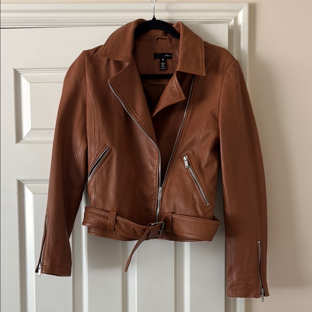 Aqua Brown Leather Jacket Asymmetrical Zipper Moto Style